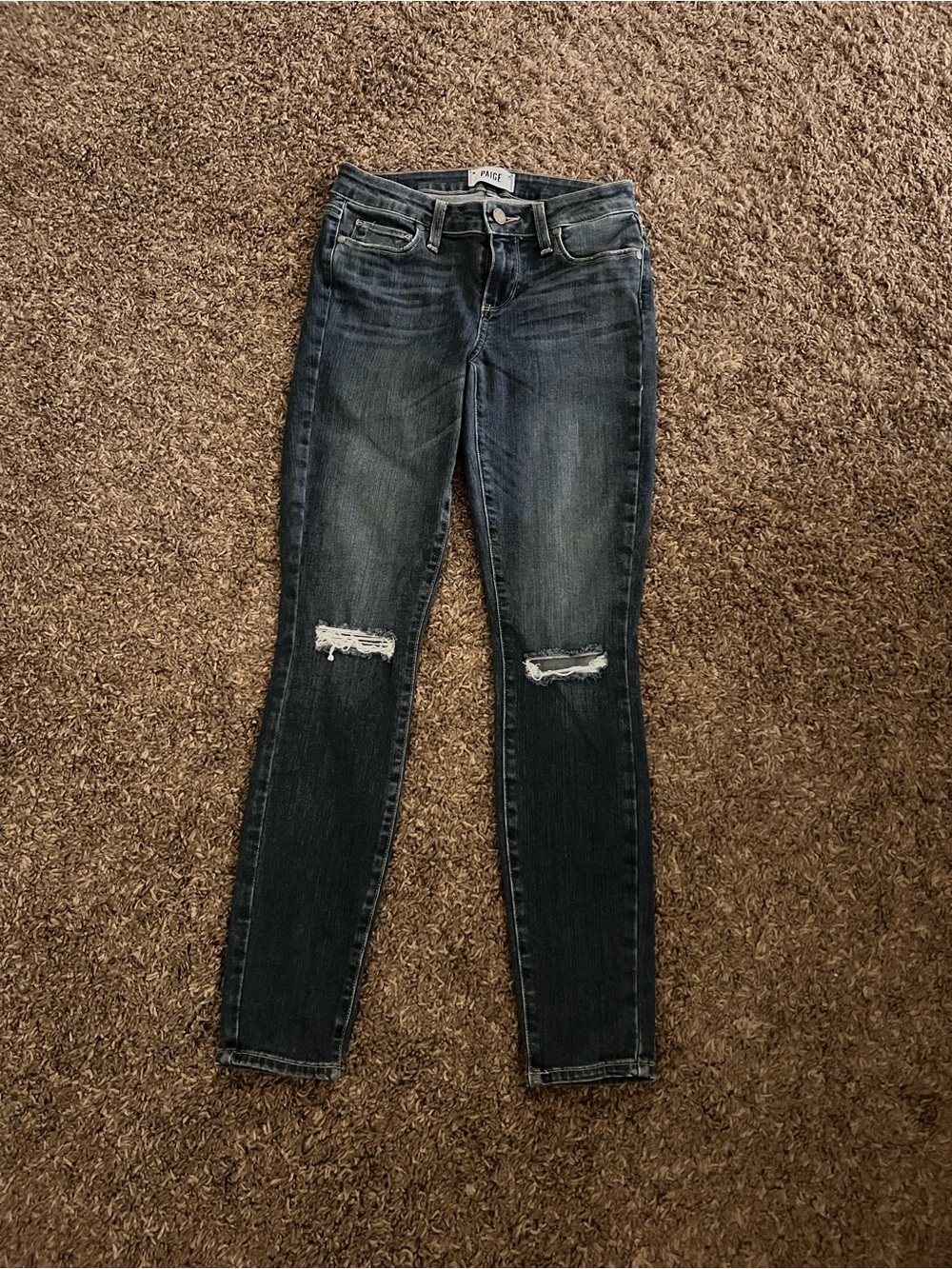 PAIGE Dark Blue Skinny Jeans with Knee Distressing